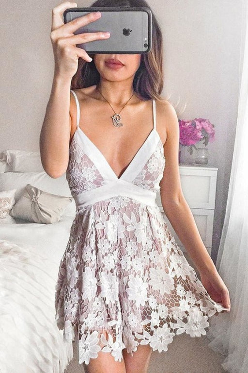 A Line Deep V Neck Mini Homecoming Sexy Spaghetti Straps Lace Party Dress - Prom Dresses