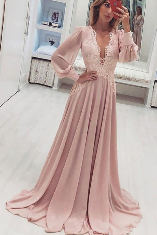 A-Line Deep V-Neck Pink Prom Dress with Appliques Long Sleeves - Prom Dresses