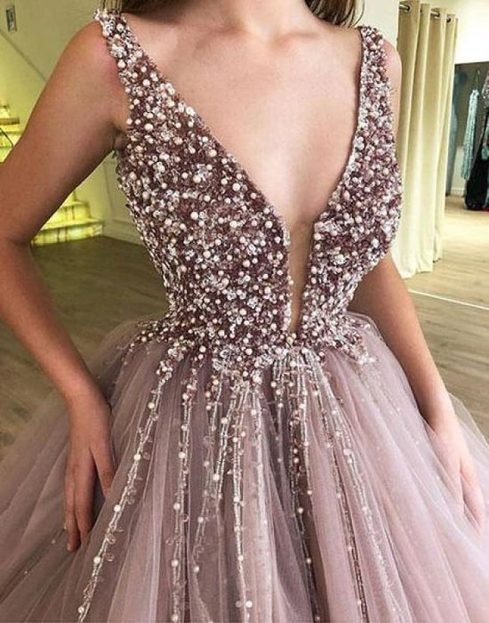A-line Elegant Sparkly Two Piece Long Prom Dresses Cheap - Bridelily A-line Elegant Sparkly Two Piece Long Prom Dresses Cheap - Bridelily