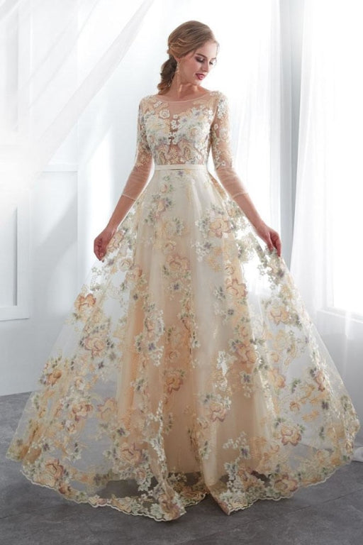 A Line Floor Length Floral Prom Dresses 3/4 Sleeves A-line Empire Waist Long Evening Gowns - Prom Dresses