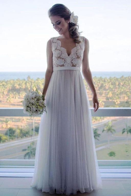 A Line Floor Length V Neck Sleeveless Tulle Beach Wedding Dress with Lace - Wedding Dresses