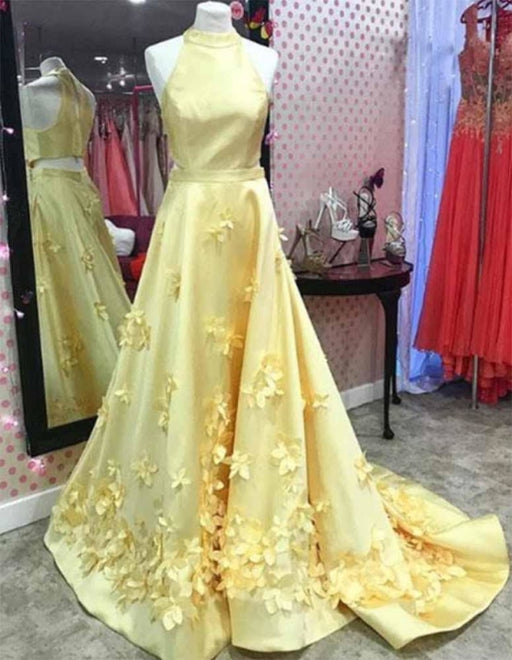 A Line Formal Yellow Halter Handmade Flowers Prom Dresses with Sweep Train - Prom Dresses