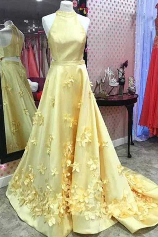 A Line Formal Yellow Halter Handmade Flowers Prom Dresses with Sweep Train - Prom Dresses