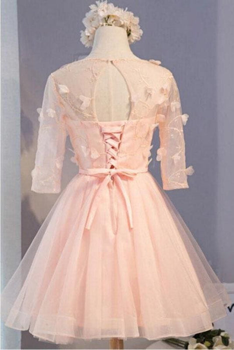 A Line Half Sleeves Knee Length Tulle Dress with Flowers Short Prom Dresses - Prom Dresses