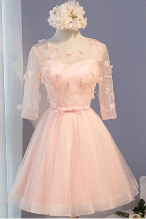 A Line Half Sleeves Knee Length Tulle Dress with Flowers Short Prom Dresses - Prom Dresses