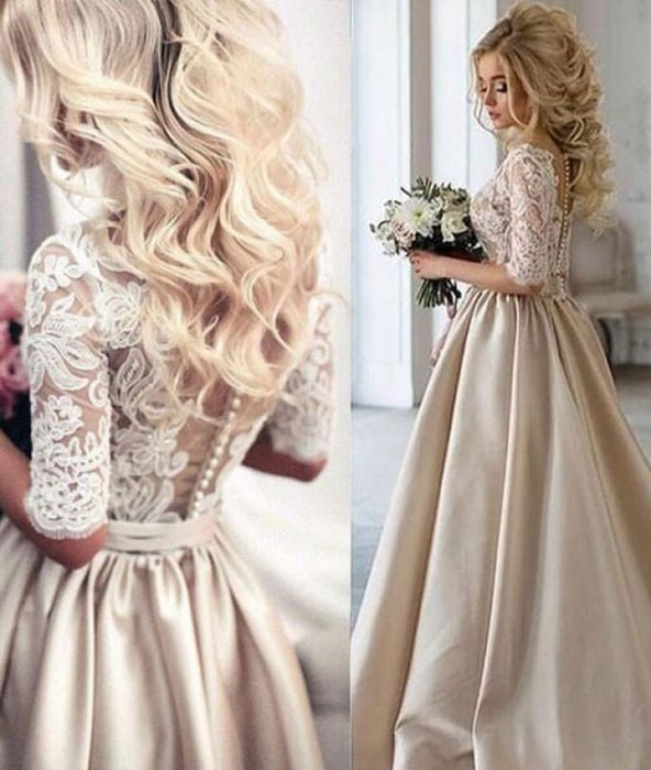 A-line Half Sleeves V-neck Ruched Prom with Lace Top Long Evening Dress - Prom Dresses