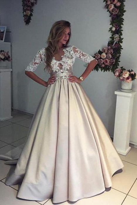 A-line Half Sleeves V-neck Ruched Prom with Lace Top Long Evening Dress - Prom Dresses