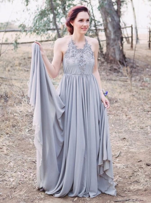 A-Line Halter Backless Grey Chiffon Bridesmaid Dress - Bridesmaid Dresses