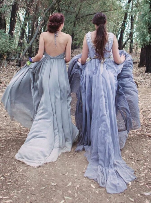 A-Line Halter Backless Grey Chiffon Bridesmaid Dress - Bridesmaid Dresses