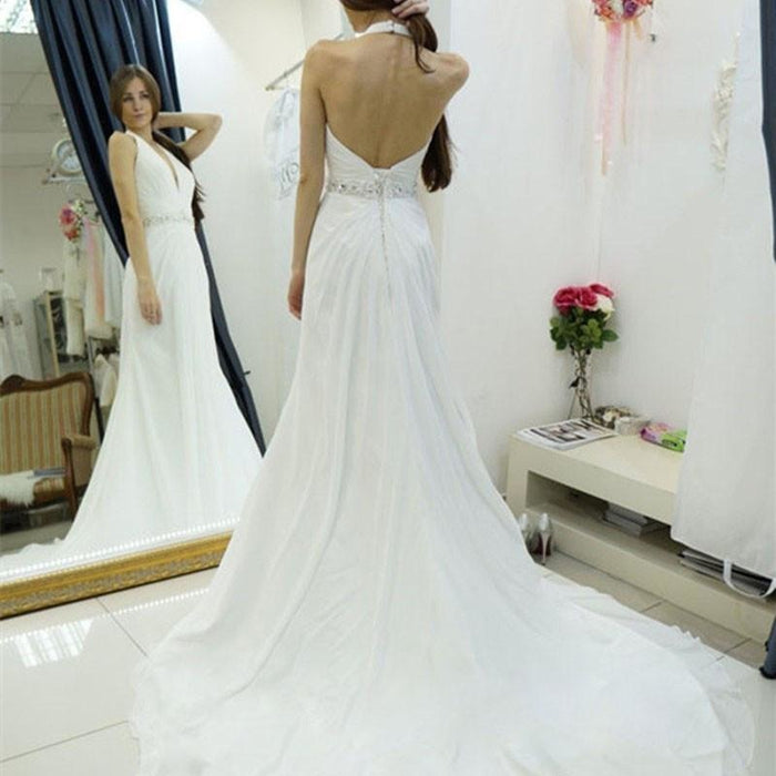 A-line Halter Chiffon Backless Court Train Beach Wedding Dress - Wedding Dresses