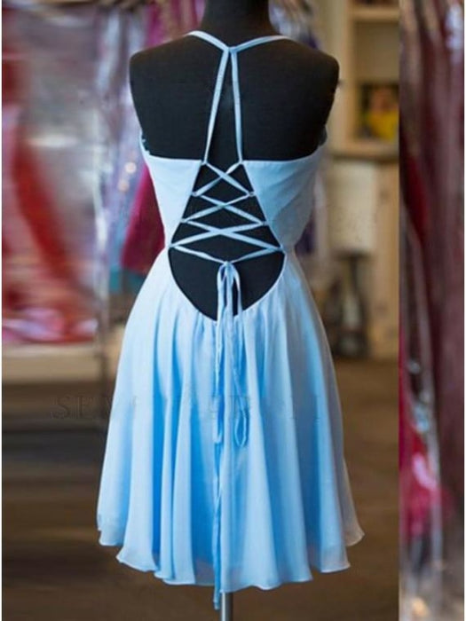 A-Line Halter Criss-Cross Straps Chiffon Homecoming with Pleats Short Blue Dress - Prom Dresses