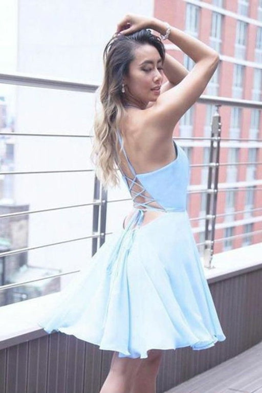 A-Line Halter Criss-Cross Straps Chiffon Homecoming with Pleats Short Blue Dress - Prom Dresses