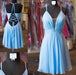 A-Line Halter Criss-Cross Straps Chiffon Homecoming with Pleats Short Blue Dress - Prom Dresses