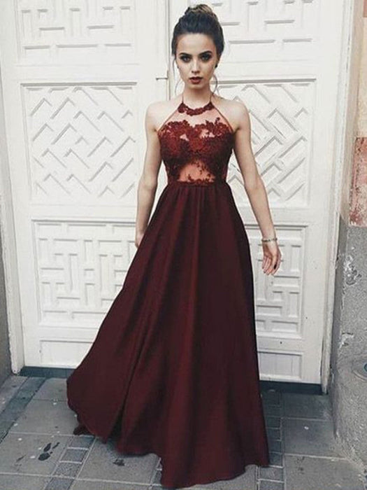 A Line Halter Neck Backless Floor Length Lace Maroon Long Prom, Maroon — Bridelily