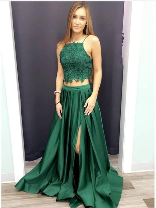 A Line Halter Neck Two Pieces Lace Green Prom Dresses with Leg Slit, Lace Green Formal Dresses, Evening Dresses