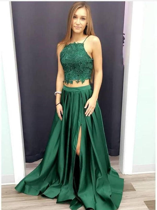 A Line Halter Neck Two Pieces Lace Green Prom with Leg Slit, Lace Gree Bridelily A Line Halter Neck Two Pieces Lace Green Prom with Leg Slit, Lace Gree Bridelily