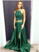 A Line Halter Neck Two Pieces Lace Green Prom Dresses with Leg Slit, Lace Green Formal Dresses, Evening Dresses