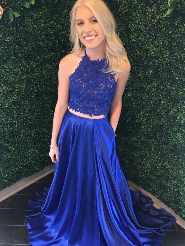 Dusty Blue Bead Top Two Piece Long Halter Neck Prom Dress