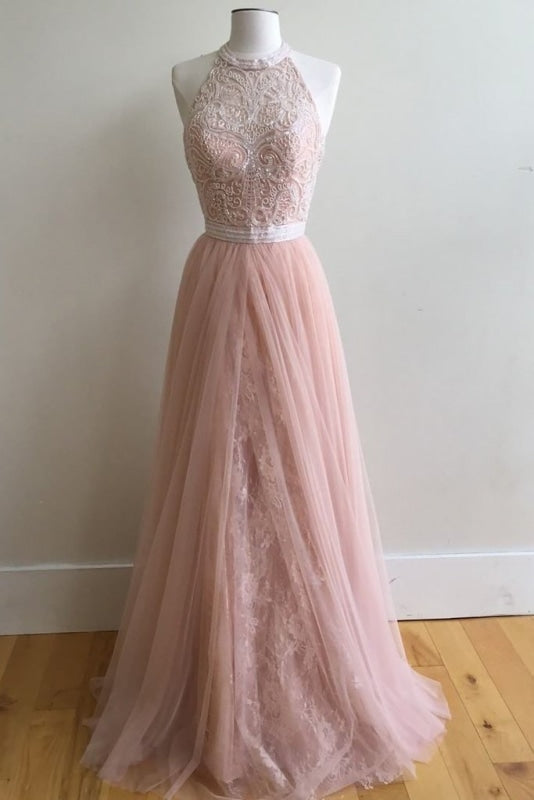 A-Line Halter Pink Floor-Length Dresses Sleeveless Tulle Prom Dress with Appliques - Prom Dresses