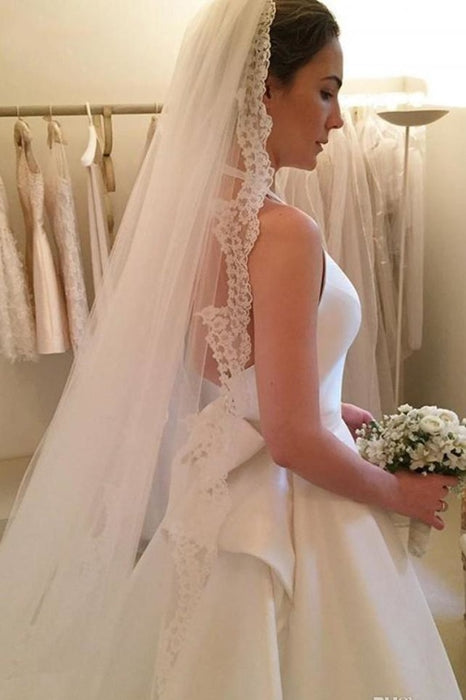 A Line Halter Satin Simple Backless Sleeveless Wedding Dress with Bow - Wedding Dresses
