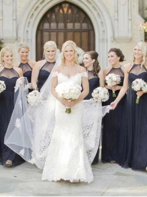 A-Line Halter Sleeveless Dark Blue Tulle Bridesmaid Dress - Bridesmaid Dresses