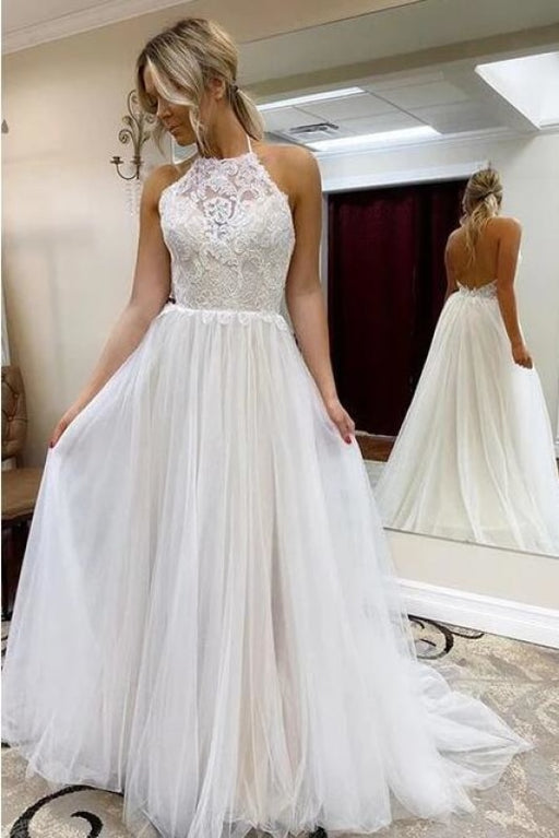 A Line Halter Tulle Lace Backless Beach Wedding Dres - Wedding Dresses