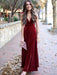 A Line Halter V Neck Backless Ankle Length Burgundy Prom Dresses, Backless Wine Red Velet Formal Dresses, Maroon Evening Dresses