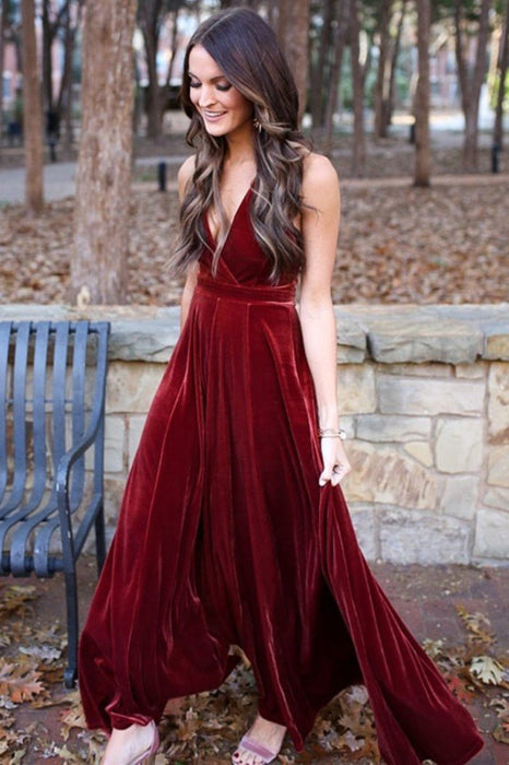 A Line Halter V Neck Backless Ankle Length Burgundy Prom, Backless Win Bridelily A Line Halter V Neck Backless Ankle Length Burgundy Prom, Backless Win Bridelily