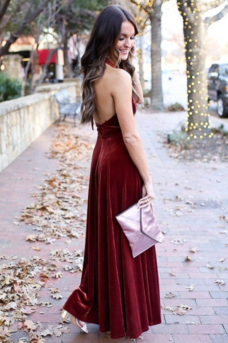 A Line Halter V Neck Backless Ankle Length Burgundy Prom, Backless Win Bridelily A Line Halter V Neck Backless Ankle Length Burgundy Prom, Backless Win Bridelily