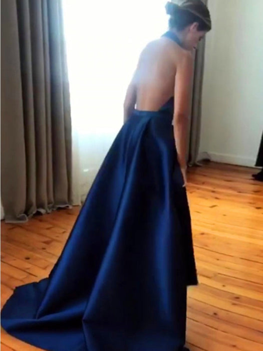 A Line Halter V Neck Backless Royal Blue Prom with High Slit, V Neck R Bridelily A Line Halter V Neck Backless Royal Blue Prom with High Slit, V Neck R Bridelily
