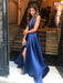 A Line Halter V Neck Backless Royal Blue Prom Dresses with High Slit, V Neck Royal Blue Formal Dresses, Royal Blue Backless Evening Dresses
