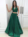 A Line Halter V Neck Two Pieces Backless Green Prom Dresses with Pocket, Two Pieces Green Formal Dresses, Evening Dresses