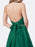 A Line Halter V Neck Two Pieces Backless Green Prom Dresses with Pocket, Two Pieces Green Formal Dresses, Evening Dresses