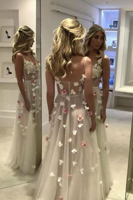 A-line Hand-Made Flower Formal Dress Sexy Sleeveless Straps Prom Gowns with Flowers - Prom Dresses