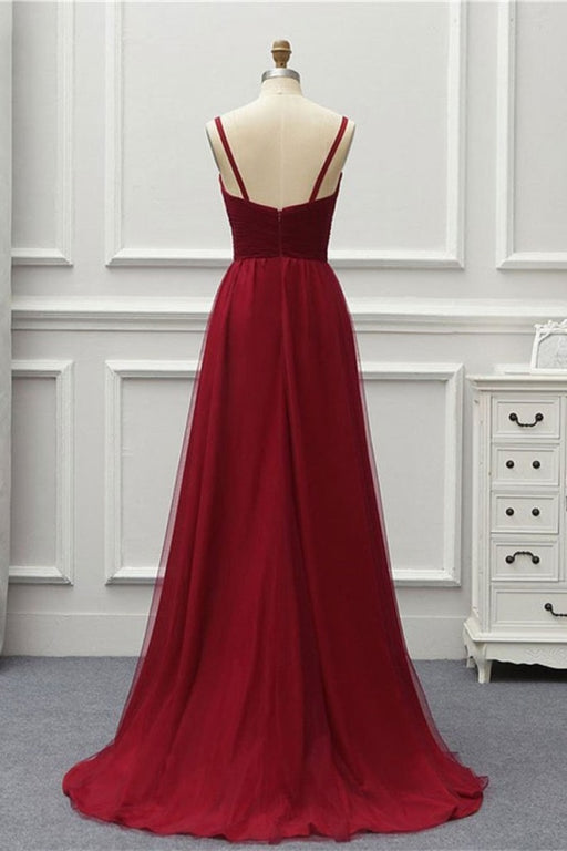 A Line High Low Tulle Prom with Train Burgundy V Neck Backless Formal Dress - Prom Dresses