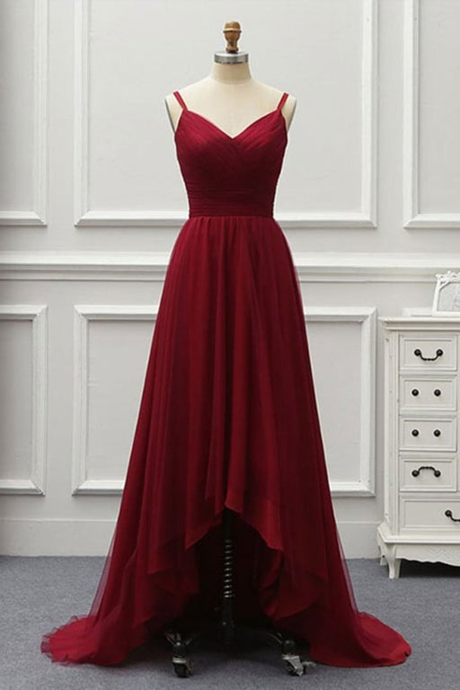 A Line High Low Tulle Prom with Train Burgundy V Neck Backless Formal Dress - Prom Dresses