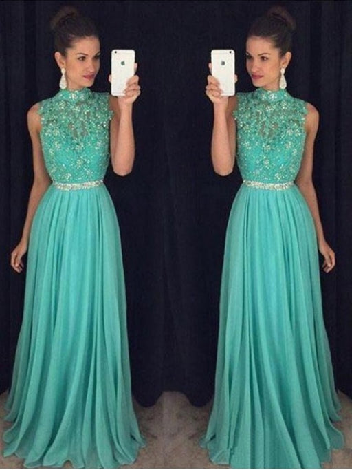 A Line High Neck Backless Lace Appliques Green Long Prom Dresses, Open Back Green Lace Formal Evening Graduation Dresses