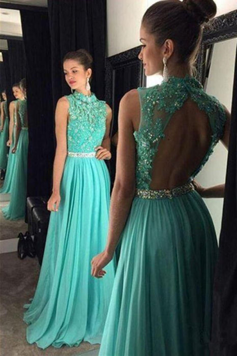 A Line High Neck Backless Lace Appliques Green Long Prom Dresses, Open Back Green Lace Formal Evening Graduation Dresses