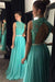 A Line High Neck Backless Lace Appliques Green Long Prom Dresses, Open Back Green Lace Formal Evening Graduation Dresses