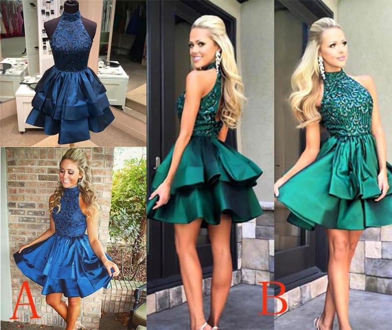 A-line High Neck Beaded Dark Blue Backless Homecoming Dress Short Prom Dresses - Prom Dresses