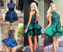 A-line High Neck Beaded Dark Blue Backless Homecoming Dress Short Prom Dresses - Prom Dresses