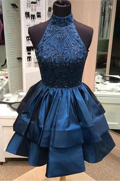 A-line High Neck Beaded Dark Short White Prom Dresses 2021 - Bridelily A-line High Neck Beaded Dark Short White Prom Dresses 2021 - Bridelily
