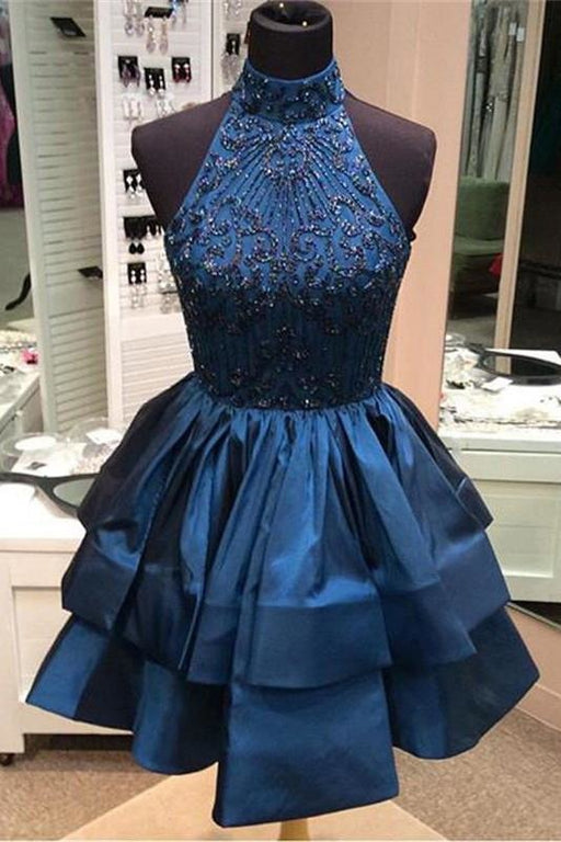 A-line High Neck Beaded Dark Blue Backless Homecoming Dress Short Prom Dresses - Prom Dresses