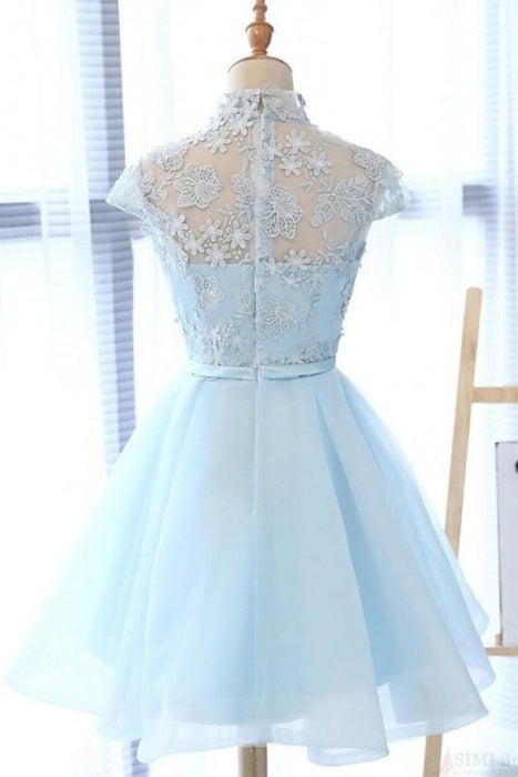 A Line High Neck Cap Sleeves Organza Homecoming Dresses with Bowknot - Prom Dresses