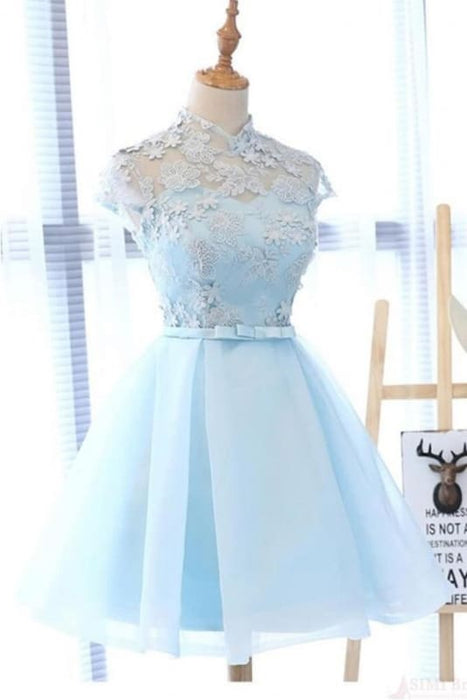 A Line High Neck Cap Sleeves Organza Homecoming Dresses with Bowknot - Prom Dresses