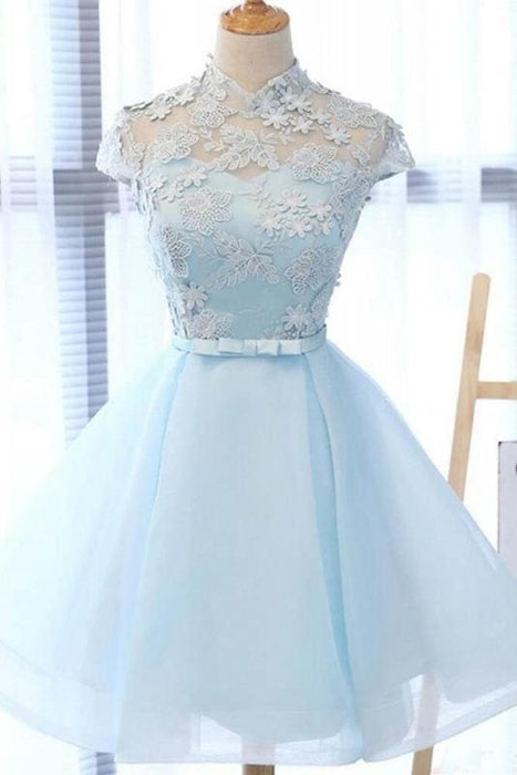 A Line High Neck Cap Sleeves Organza Homecoming Dresses with Bowknot - Prom Dresses
