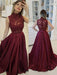 A Line High Neck Lace Burgundy Satin Long Prom Dresses, Burgundy Lace Formal Dresses, Burgundy Evening Dresses