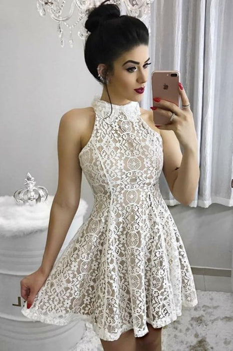 A Line High Neck Lace Short White Prom Dresses 2021 - Bridelily A Line High Neck Lace Short White Prom Dresses 2021 - Bridelily