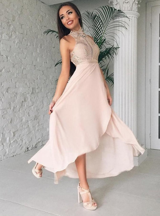 A-Line High Neck High Low Pink Long Bridesmaid Dress - Bridesmaid Dresses