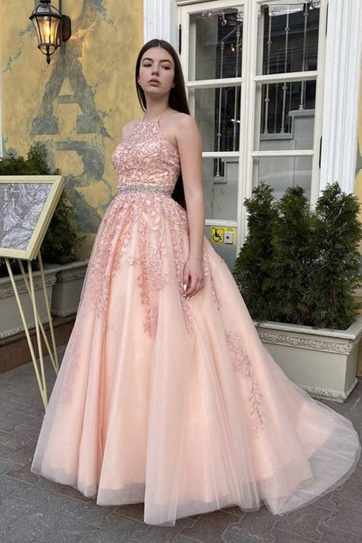 A Line High Neck Pink Lace Long Prom Dresses, Pink Lace Formal Graduation Evening Dresses